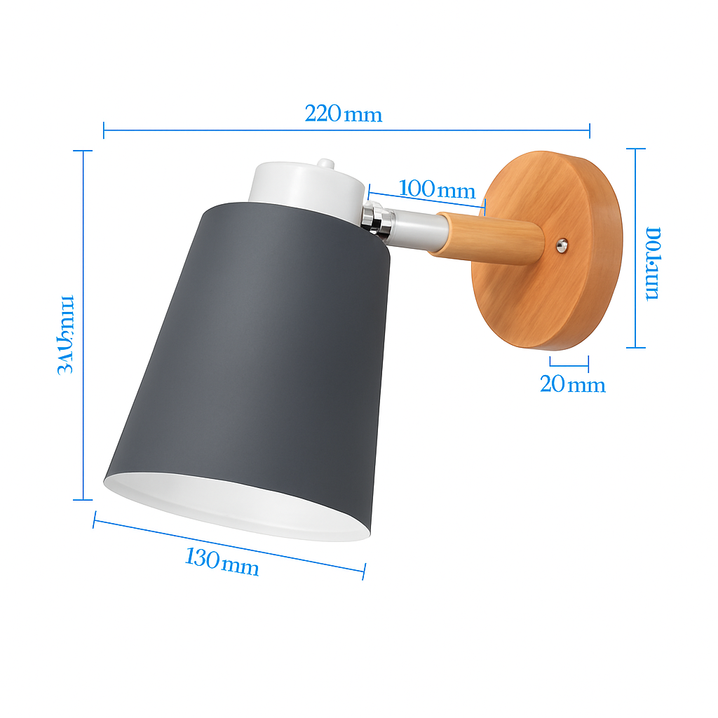 Applique murale LED abat-jour orientable en métal et support en bois