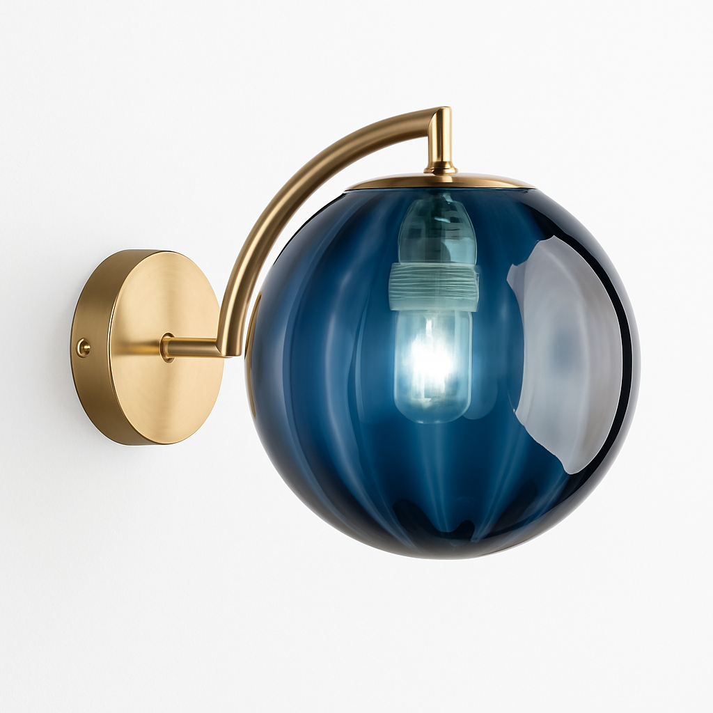 Applique murale LED avec tige dorée et boule en verre colorée