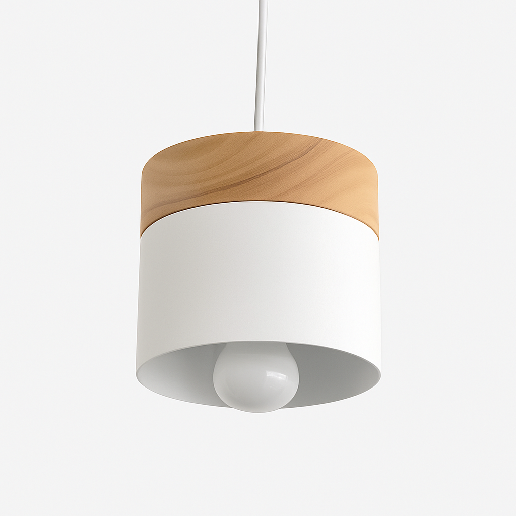 Suspension LED cylindrique en métal et bois Modern