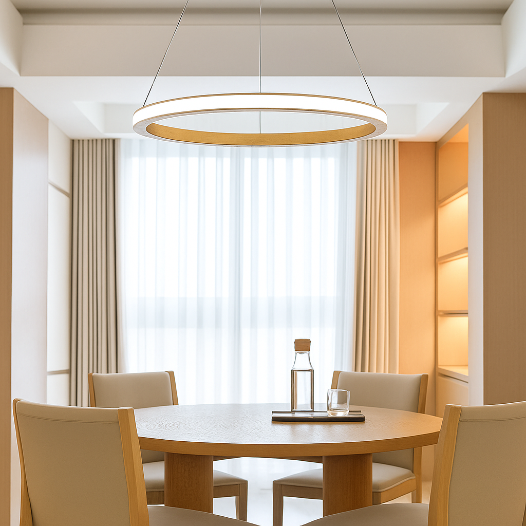 Suspension moderne LED avec anneau en bois lumineux Ibarne